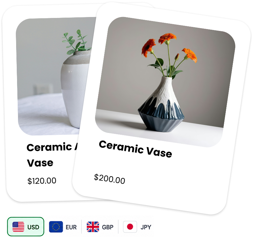 Ceramic vase product cards with USD, EUR, GBP, and JPY currency options.